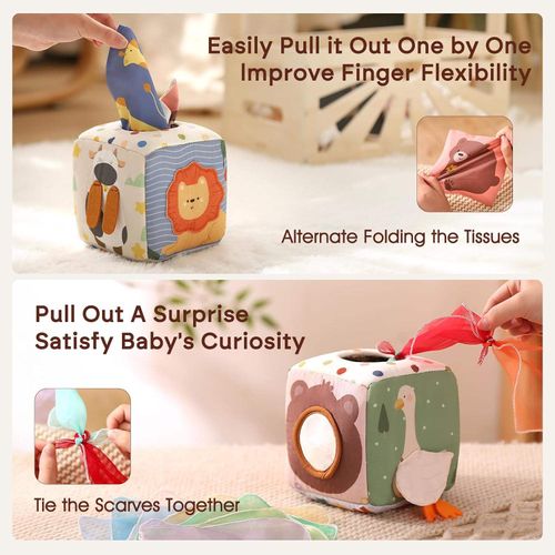 Keep Your Baby Busy & Smart! 🧠 Sensory Tissue Box Toy with Crinkle Silks & Safety Mirror - Perfect Early Learning Gift