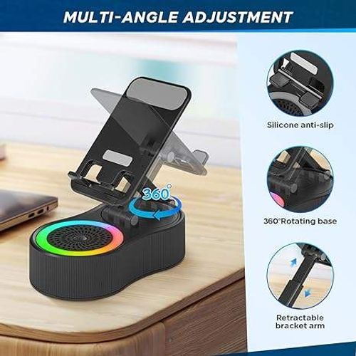 High-definition Bluetooth speaker, 5-in-1 multi-functional phone stand, emergency charging, colored lights, matte black appearance.