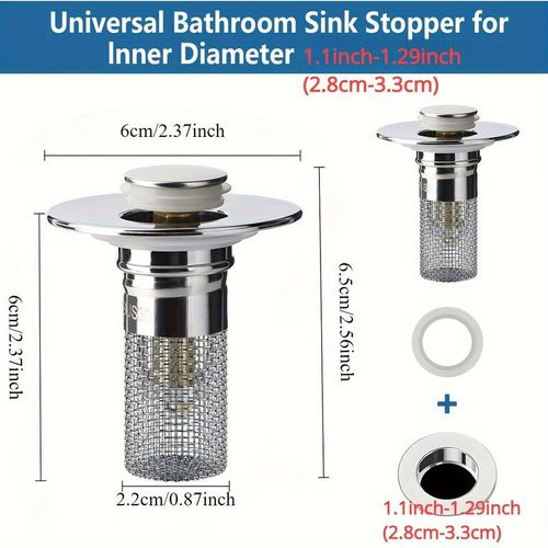 (2pcs 1set）Universal pop-up sink drain filter with hair collector and stainless steel filter basket and brass drain plug.