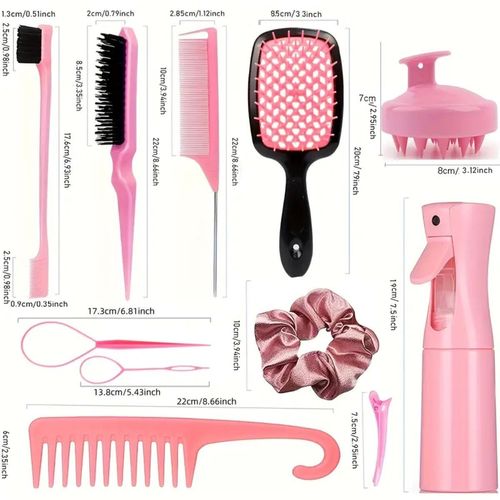 （14pcs 1set）plastic detangling comb set, including spray bottle, edge comb and taper comb.