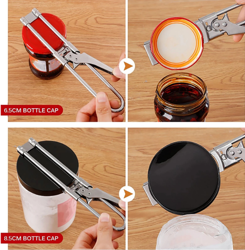 This adjustable, multi functional bottle cap opener, made of stainless steel, makes it easy to open can lids with a labor-saving screw-type r.