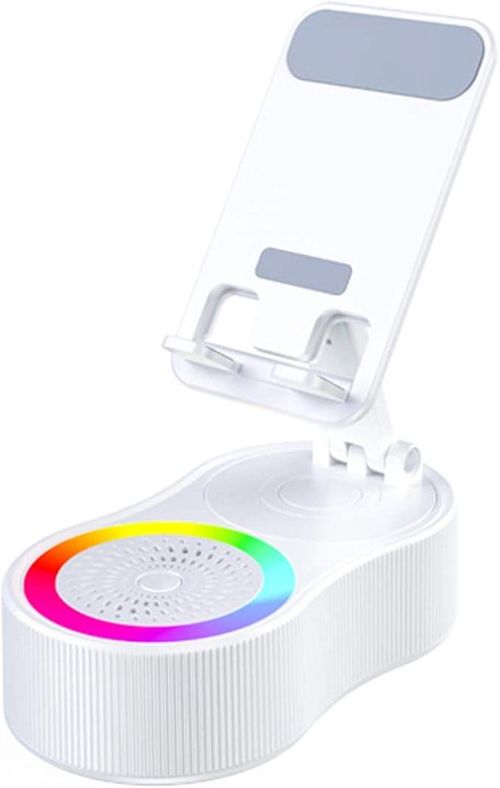 High-definition Bluetooth speaker, 5-in-1 multi-functional phone stand, emergency charging, colored lights, matte black appearance.