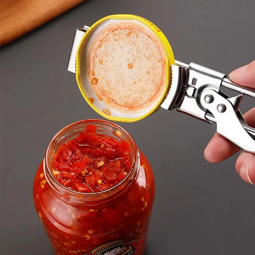 This adjustable, multi functional bottle cap opener, made of stainless steel, makes it easy to open can lids with a labor-saving screw-type r.