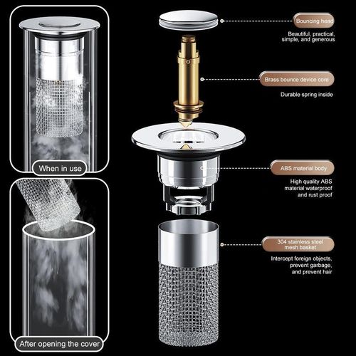 (2pcs 1set）Universal pop-up sink drain filter with hair collector and stainless steel filter basket and brass drain plug.