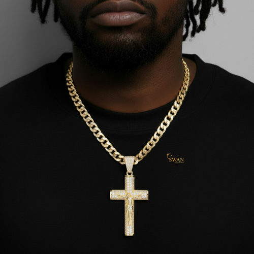 Large diamond-encrusted cross pendant necklace, a luxurious and fashionable piece of jewelry.