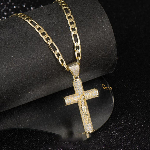 Large diamond-encrusted cross pendant necklace, a luxurious and fashionable piece of jewelry.