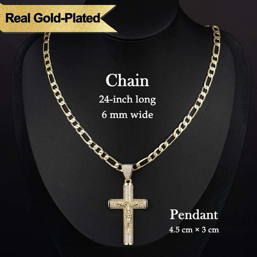 Large diamond-encrusted cross pendant necklace, a luxurious and fashionable piece of jewelry.
