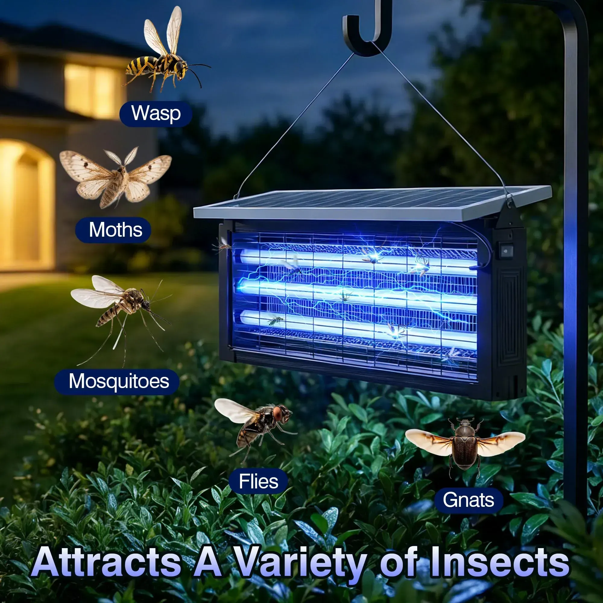 Waterproof solar-powered insect and mosquito killer, rechargeable fly trap and mosquito repellent, perfect for patio, backyard and camping outdoor scenes, free shipping and cash on delivery
