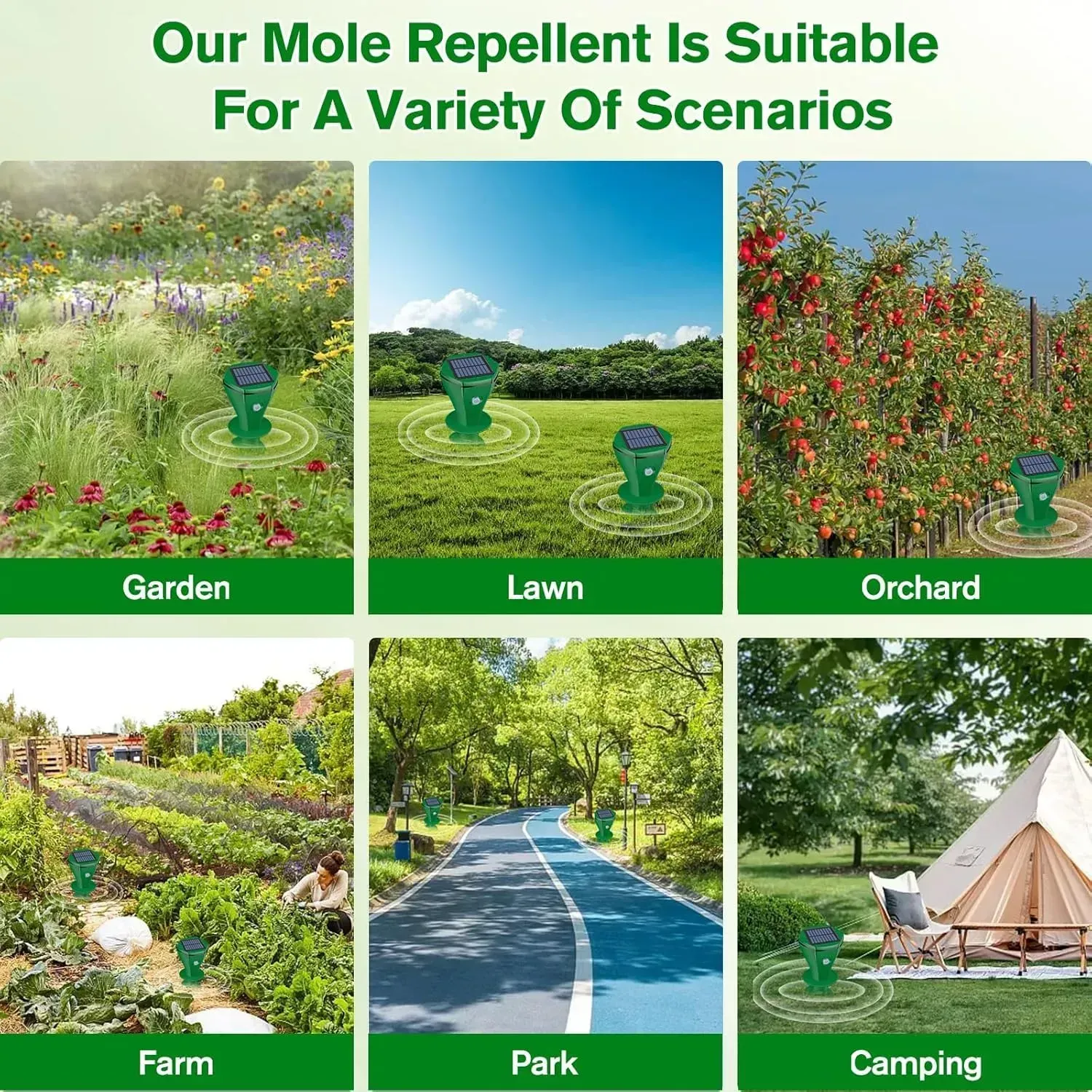 2 Pack Green Solar Powered Ultrasonic Mole Repeller, Waterproof Outdoor Pest Repellent to Repel Moles, Gophers, Snakes, Chipmunks and Groundhogs for Lawn Garden Yard