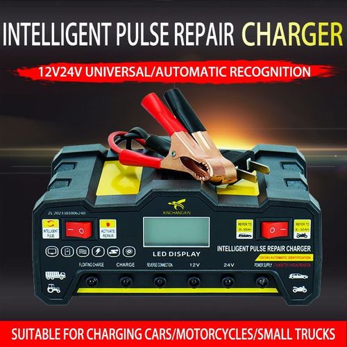 12V 24V Smart Pulse Repair Battery Charger, High Power Fast Automatic Charger for Car and Motorcycle Lead Acid Batteries with Desulfation Repair Function