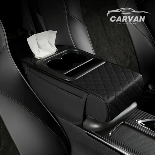 Carvan Multi-Function Car Armrest Cushion with Built-In Cup Holder and Tissue Box