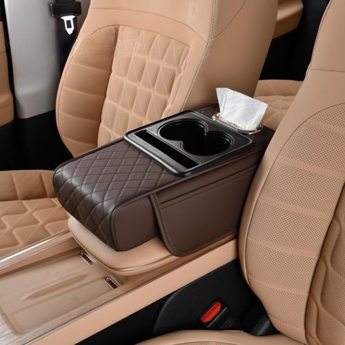 🔥Hot Seller🔥 COD！Car Armrest Pad, 5-in-1 Center Console Cover with 2 Storage Pockets, Cup Holders, Tissue Holder Slot, and Phone Holder丨 Suitable for Sedans丨Car Interior Storage Accessory