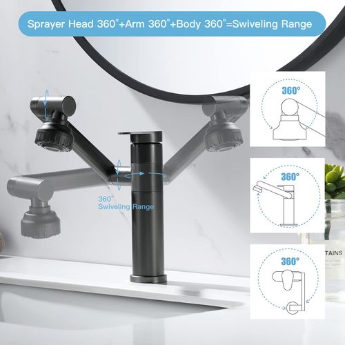 🔥Hot Seller🔥 COD！Black Bathroom Faucet 1080 Degree Swivel Lavatory Basin Sink Faucet 1 Handle Big Angle Spray Aerator Spout Extender Universal Rotating Splash Filter 3 Water Outlet Modes