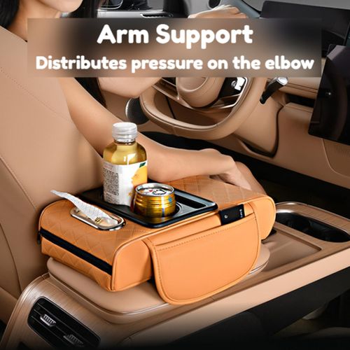 🔥Hot Seller🔥 COD！Car Armrest Pad, 5-in-1 Center Console Cover with 2 Storage Pockets, Cup Holders, Tissue Holder Slot, and Phone Holder丨 Suitable for Sedans丨Car Interior Storage Accessory