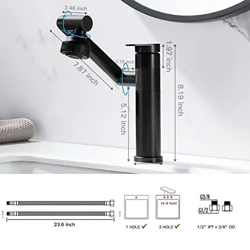 🔥Hot Seller🔥 COD！Black Bathroom Faucet 1080 Degree Swivel Lavatory Basin Sink Faucet 1 Handle Big Angle Spray Aerator Spout Extender Universal Rotating Splash Filter 3 Water Outlet Modes