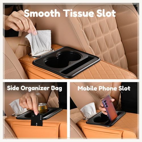 🔥Hot Seller🔥 COD！Car Armrest Pad, 5-in-1 Center Console Cover with 2 Storage Pockets, Cup Holders, Tissue Holder Slot, and Phone Holder丨 Suitable for Sedans丨Car Interior Storage Accessory