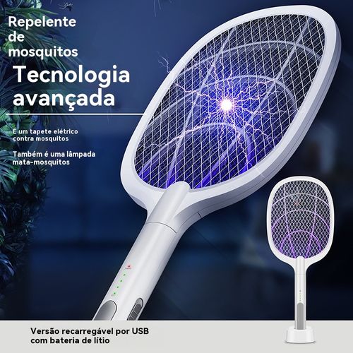 Raquete elétrica recarregável para mosquitos doméstica, potente, nova versão 2025, dispositivo automático para atrair e eliminar mosquitos e moscas