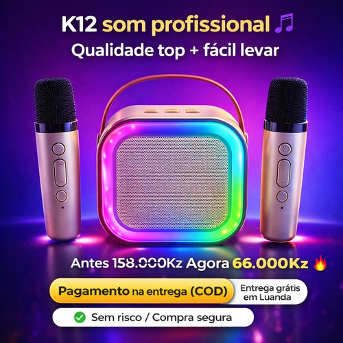 K12 Karaoke Portátil com 2 Microfones 🎤 | Som Potente + Luz RGB | Entrega em Luanda
