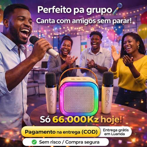 K12 Karaoke Portátil com 2 Microfones 🎤 | Som Potente + Luz RGB | Entrega em Luanda