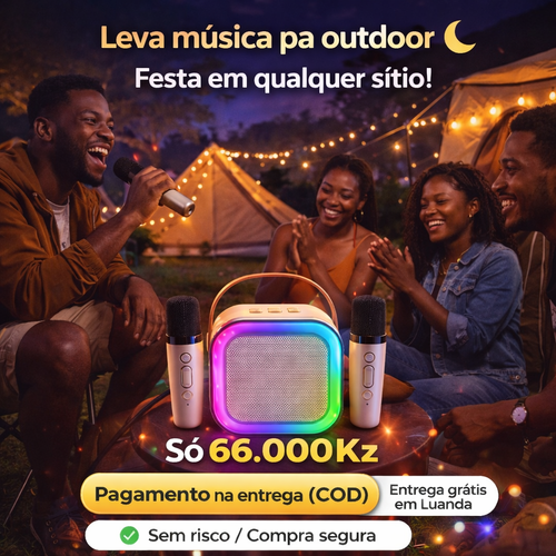 K12 Karaoke Portátil com 2 Microfones 🎤 | Som Potente + Luz RGB | Entrega em Luanda