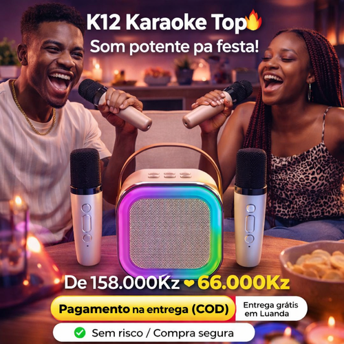 K12 Karaoke Portátil com 2 Microfones 🎤 | Som Potente + Luz RGB | Entrega em Luanda