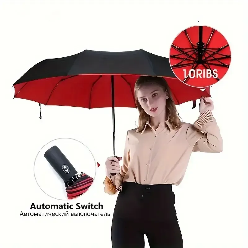 Parapluie automatique pliant à trois voiles, renforcé et épaissi, pour hommes et femmes, adapté aux conditions ensoleillées et pluvieuses.