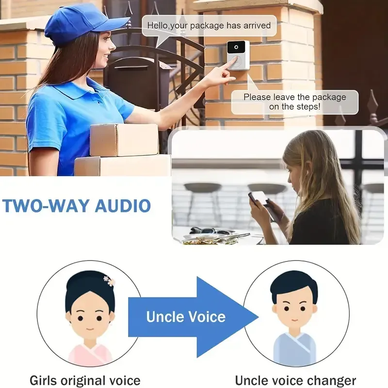 Sonnette Vidéo, Caméra de Sonnette Sans Fil avec Fonction de Dialogue Bidirectionnel, Wi-Fi, HD, Vision Nocturne, Contrôle à Distance par Application, Installation Facile, Caméras HD pour la Sécurité Domestique.