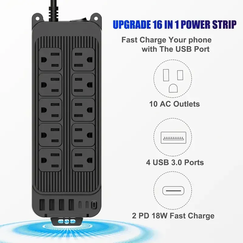 Multiprise à fiche plate, chargeur de téléphone avec rallonge plate fine de 4 pieds