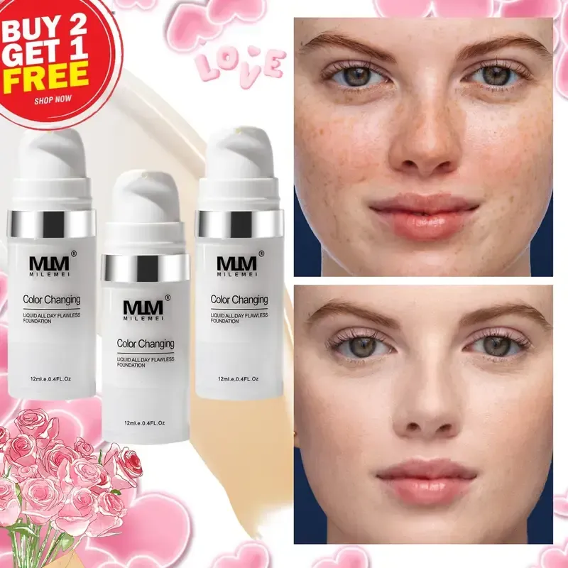 Fond de teint liquide longue tenue, imperméable et à effet thermochrome - Texture soyeuse, hydratante, non collante et finition mat couvrante - Taille voyage portable unisexe - Idéal comme cadeau pour la Saint-Valentin