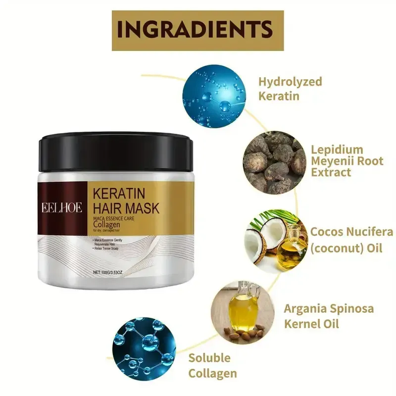 Masque capillaire au collagène, masque capillaire au collagène et à l'huile d'argan, répare les cheveux abîmés, convient aux cheveux lisses, bouclés, colorés et permanents.