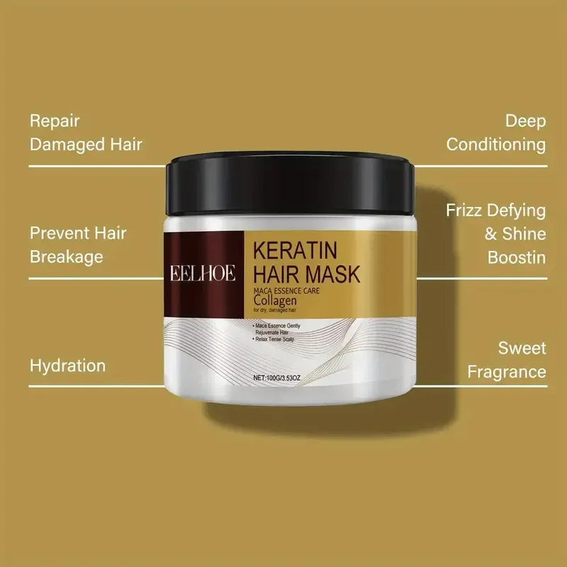 Masque capillaire au collagène, masque capillaire au collagène et à l'huile d'argan, répare les cheveux abîmés, convient aux cheveux lisses, bouclés, colorés et permanents.