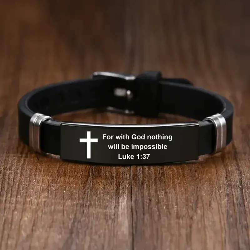 Bracelet Bible réglable en acier inoxydable noir et argent pour homme