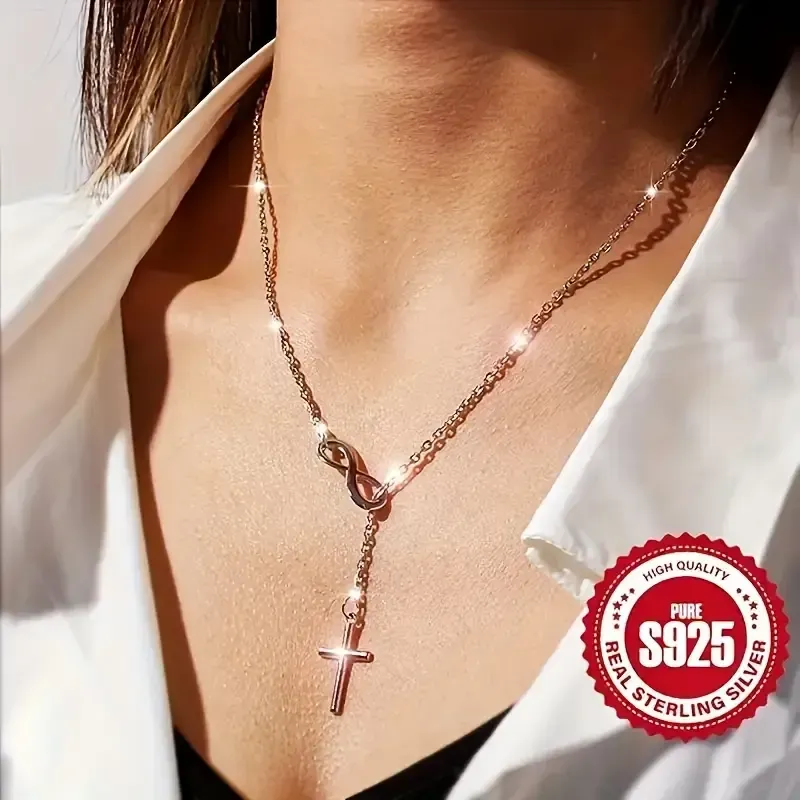 Collier pendentif croix infini chanceux en forme de 8 en argent pur S925 luxueux.