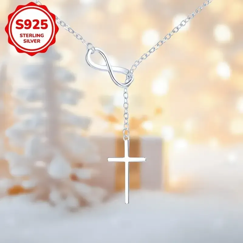 Collier pendentif croix infini chanceux en forme de 8 en argent pur S925 luxueux.