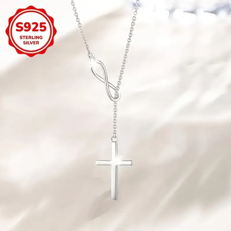 Collier pendentif croix infini chanceux en forme de 8 en argent pur S925 luxueux.