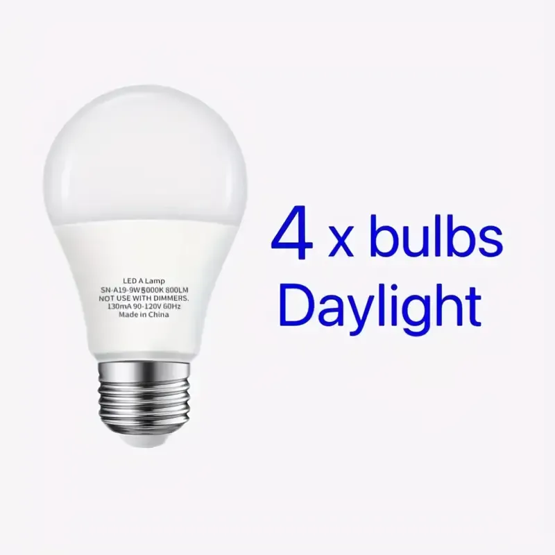 4pcs A19 LED Light Bulbs, 9W, Equivalent to 60W with 800 Lumens, E26, Non-dimmable, Operate at 110V Voltage, And Are Only Suitable for Use in The US And Canada. Non-Dimmable, Home, Office, And Commercial Use.