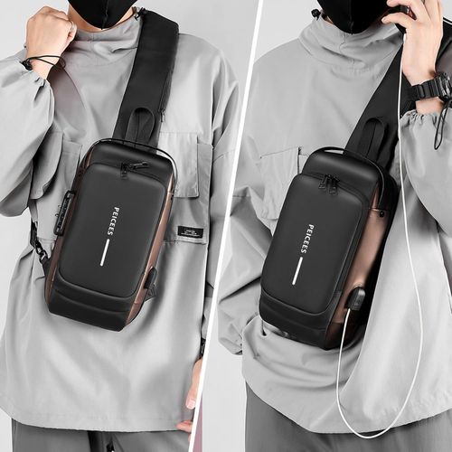 Multifunctional password lock anti-theft crossbody bag with USB charging shoulder biker bag leisure outdoor running travel waist bag shoulder crossbody bag waterproof sports chest bag (Black + Brown)