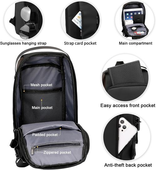 Multifunctional password lock anti-theft crossbody bag with USB charging shoulder biker bag leisure outdoor running travel waist bag shoulder crossbody bag waterproof sports chest bag (Black + Brown)