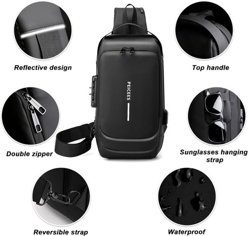 Multifunctional password lock anti-theft crossbody bag with USB charging shoulder biker bag leisure outdoor running travel waist bag shoulder crossbody bag waterproof sports chest bag (Black + Brown)