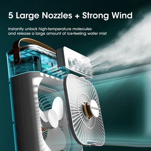 3-in-1 Portable Humidifying Air Conditioning Fan, Desktop USB Spray Air Cooling Fan, 5 Hole Humidifying Cooling Fan, 3 Air Speeds, 7 Colors LED Ambient Lights for Indoor, Outdoor, Office, Bedroom, (White)