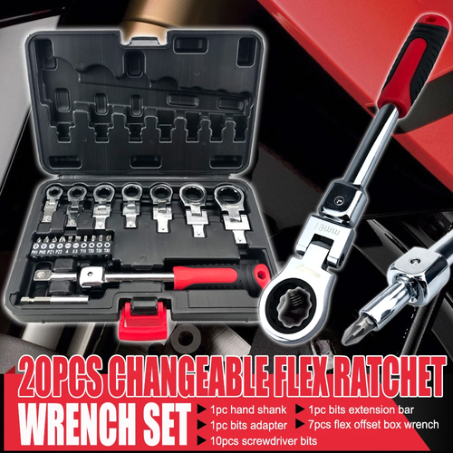 20 Piece Portable Ratchet Wrench Set, Interchangeable Combination Set, Rotatable 180 ° Removable Flexible Torque Saving Wrench Screwdriver Bit Kit for Industrial and Automotive Bicycle Motorcycle Application Tools