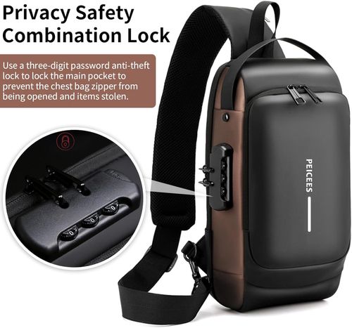 Multifunctional password lock anti-theft crossbody bag with USB charging shoulder biker bag leisure outdoor running travel waist bag shoulder crossbody bag waterproof sports chest bag (Black + Brown)