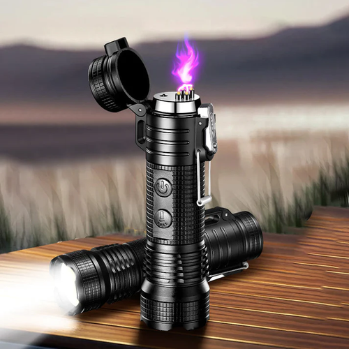 Multifunctional 4-in-1 Arc Lighter Flashlight Outdoor Windproof Waterproof Lighter Dual Arc Pulse Cigarette Lighter High Hardness Aluminum Escape Flashlight USB Charging