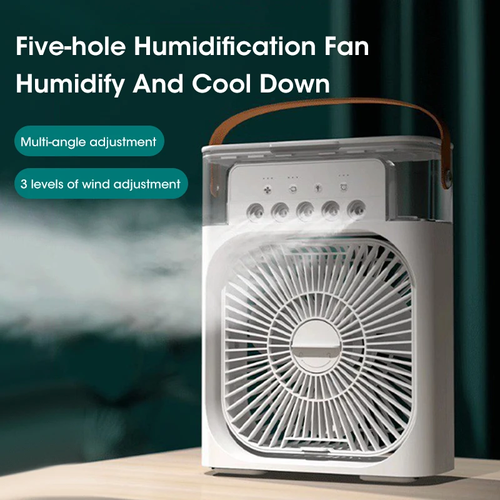 3-in-1 Portable Humidifying Air Conditioning Fan, Desktop USB Spray Air Cooling Fan, 5 Hole Humidifying Cooling Fan, 3 Air Speeds, 7 Colors LED Ambient Lights for Indoor, Outdoor, Office, Bedroom, (White)