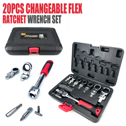 20 Piece Portable Ratchet Wrench Set, Interchangeable Combination Set, Rotatable 180 ° Removable Flexible Torque Saving Wrench Screwdriver Bit Kit for Industrial and Automotive Bicycle Motorcycle Application Tools