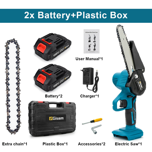 6-Inch Cordless Mini Chainsaw, Cordless Chain Saw, Fruit Tree, Woodworking, Gardening Cutting Tool, Handheld Cordless Logger with Two Rechargeable Batteries