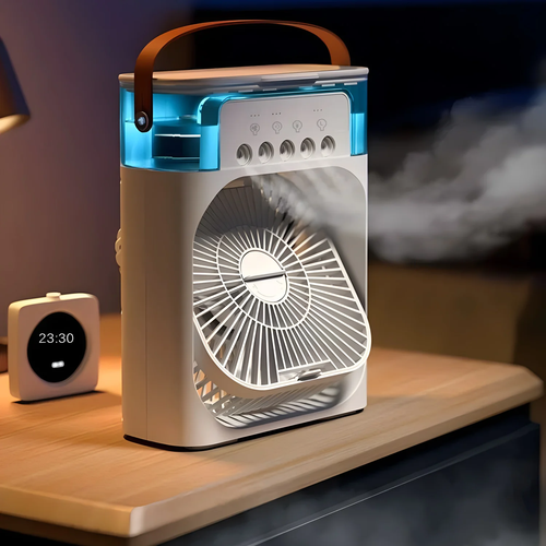 3-in-1 Portable Humidifying Air Conditioning Fan, Desktop USB Spray Air Cooling Fan, 5 Hole Humidifying Cooling Fan, 3 Air Speeds, 7 Colors LED Ambient Lights for Indoor, Outdoor, Office, Bedroom, (White)