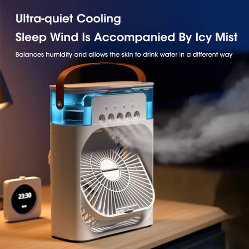 3-in-1 Portable Humidifying Air Conditioning Fan, Desktop USB Spray Air Cooling Fan, 5 Hole Humidifying Cooling Fan, 3 Air Speeds, 7 Colors LED Ambient Lights for Indoor, Outdoor, Office, Bedroom, (White)