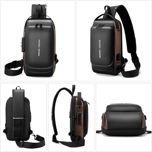 Multifunctional password lock anti-theft crossbody bag with USB charging shoulder biker bag leisure outdoor running travel waist bag shoulder crossbody bag waterproof sports chest bag (Black + Brown)