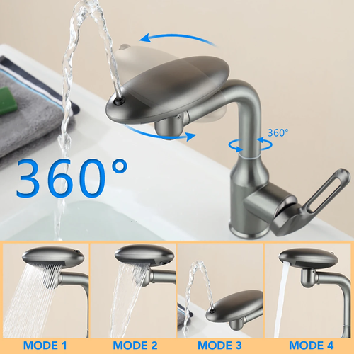 Multifunctional 360° swivel sink faucet, 4 spout modes for hot and cold water, stainless steel hot and cold water washbasin faucet, hot and cold water sink faucet and washbasin faucet for bathrooms, with two 60CM connection hoses